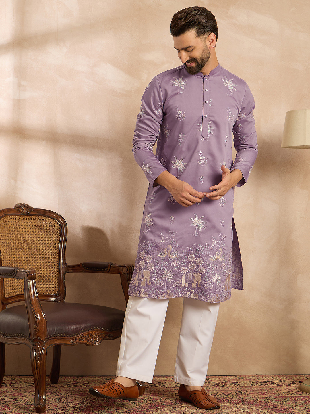 Ethnic Bay Men Lavender Silk Blend Solid Embroidered Straight Kurta Sets