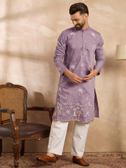 Ethnic Bay Men Lavender Silk Blend Solid Embroidered Straight Kurta Sets-MKSET1674