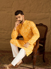 Ethnic Bay Men Yellow Cotton Batik Embroidered Straight Kurta with Trouser-MKSET1675