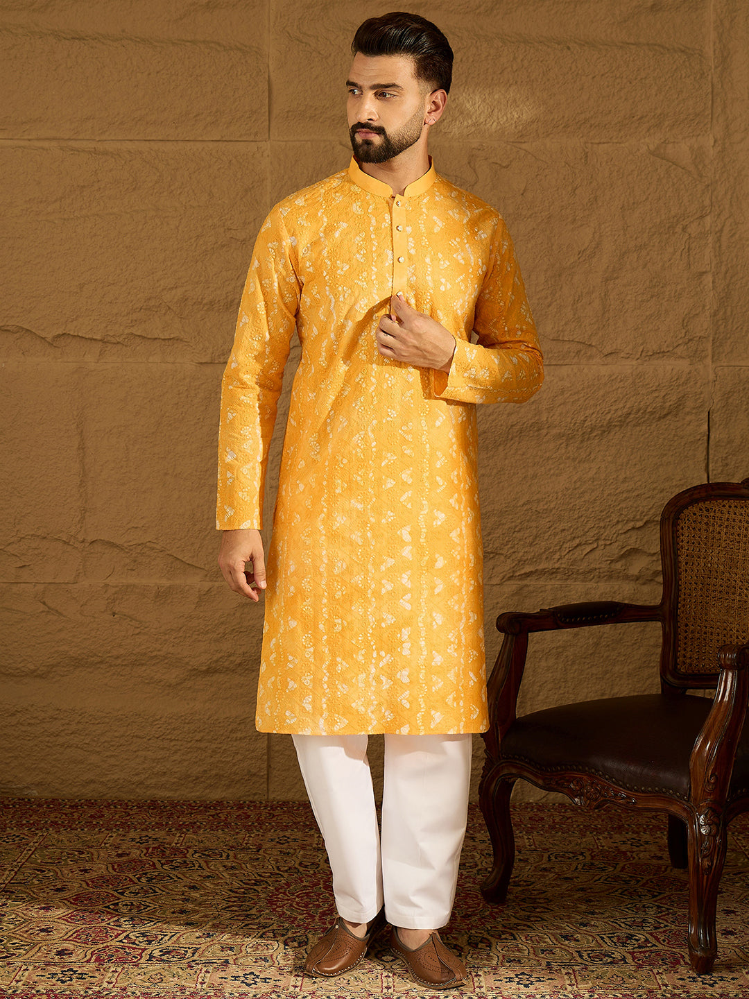 Ethnic Bay Men Yellow Cotton Batik Embroidered Straight Kurta with Trouser-MKSET1675