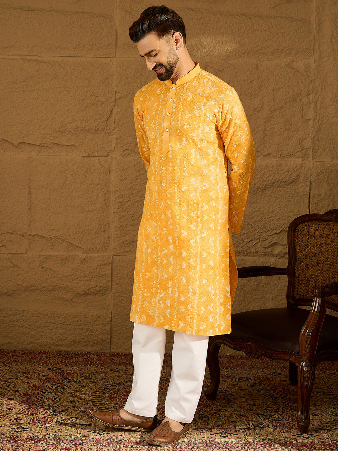 Ethnic Bay Men Yellow Cotton Batik Embroidered Straight Kurta with Trouser-MKSET1675