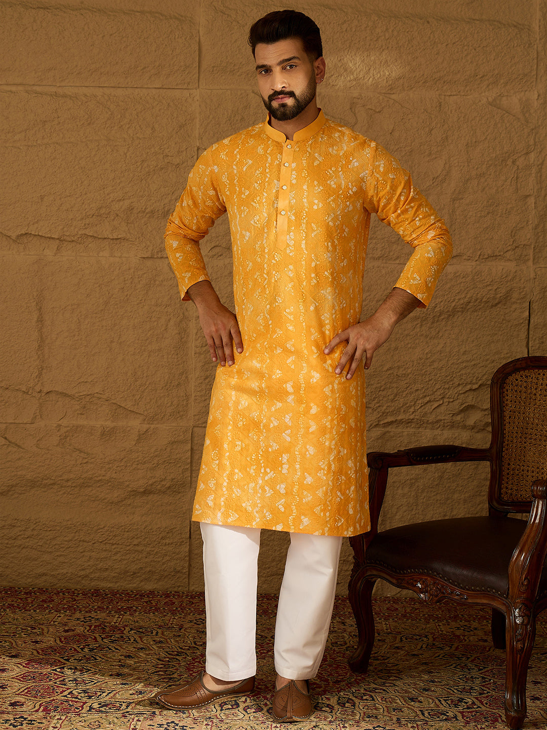 Ethnic Bay Men Yellow Cotton Batik Embroidered Straight Kurta with Trouser-MKSET1675