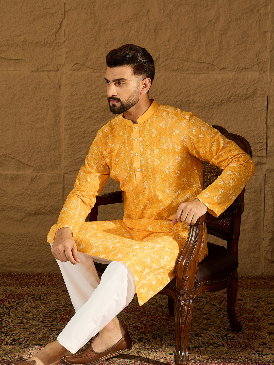 Ethnic Bay Men Yellow Cotton Batik Embroidered Straight Kurta with Trouser-MKSET1675