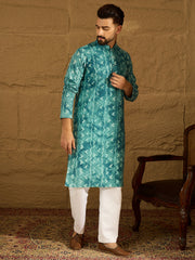 Ethnic Bay Men Blue Cotton Batik Embroidered Straight Kurta with Trouser-MKSET1676