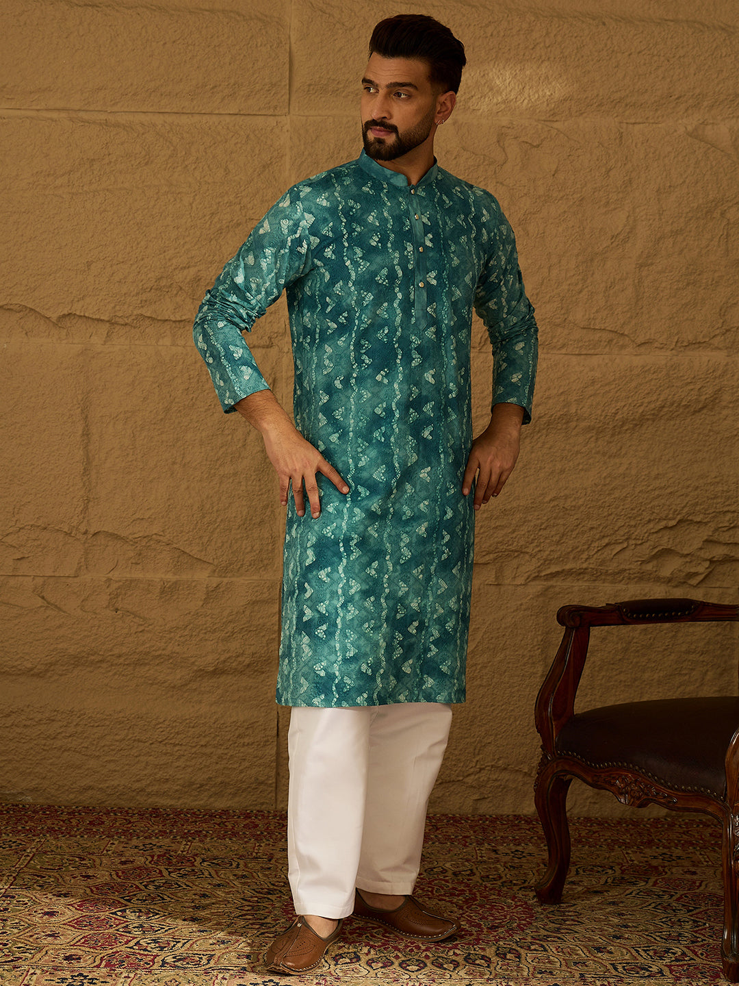 Ethnic Bay Men Blue Cotton Batik Embroidered Straight Kurta with Trouser-MKSET1676