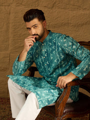 Ethnic Bay Men Blue Cotton Batik Embroidered Straight Kurta with Trouser-MKSET1676