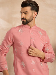 Ethnic Bay Men Pink Cotton Solid Embroidered Straight Kurta Sets-MKSET1677