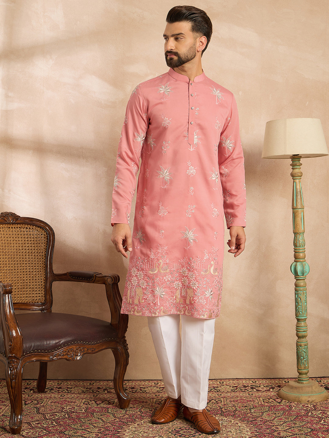 Ethnic Bay Men Pink Cotton Solid Embroidered Straight Kurta Sets
