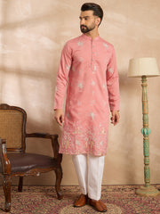Ethnic Bay Men Pink Cotton Solid Embroidered Straight Kurta Sets-MKSET1677