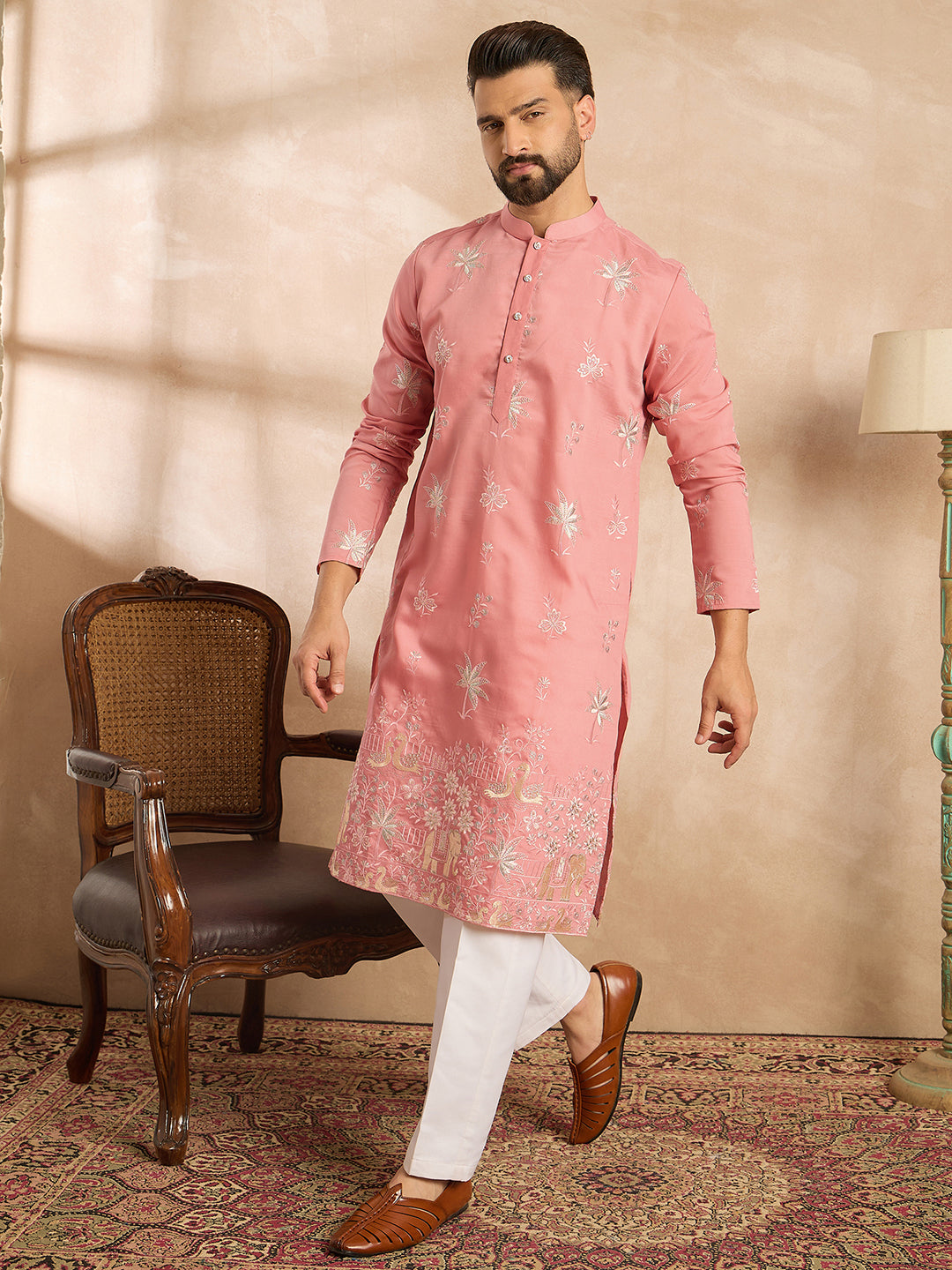 Ethnic Bay Men Pink Cotton Solid Embroidered Straight Kurta Sets