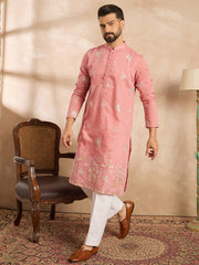 Ethnic Bay Men Pink Cotton Solid Embroidered Straight Kurta Sets-MKSET1677