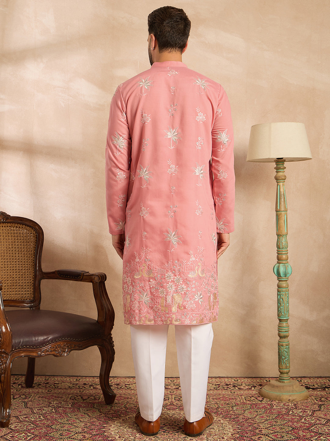 Ethnic Bay Men Pink Cotton Solid Embroidered Straight Kurta Sets
