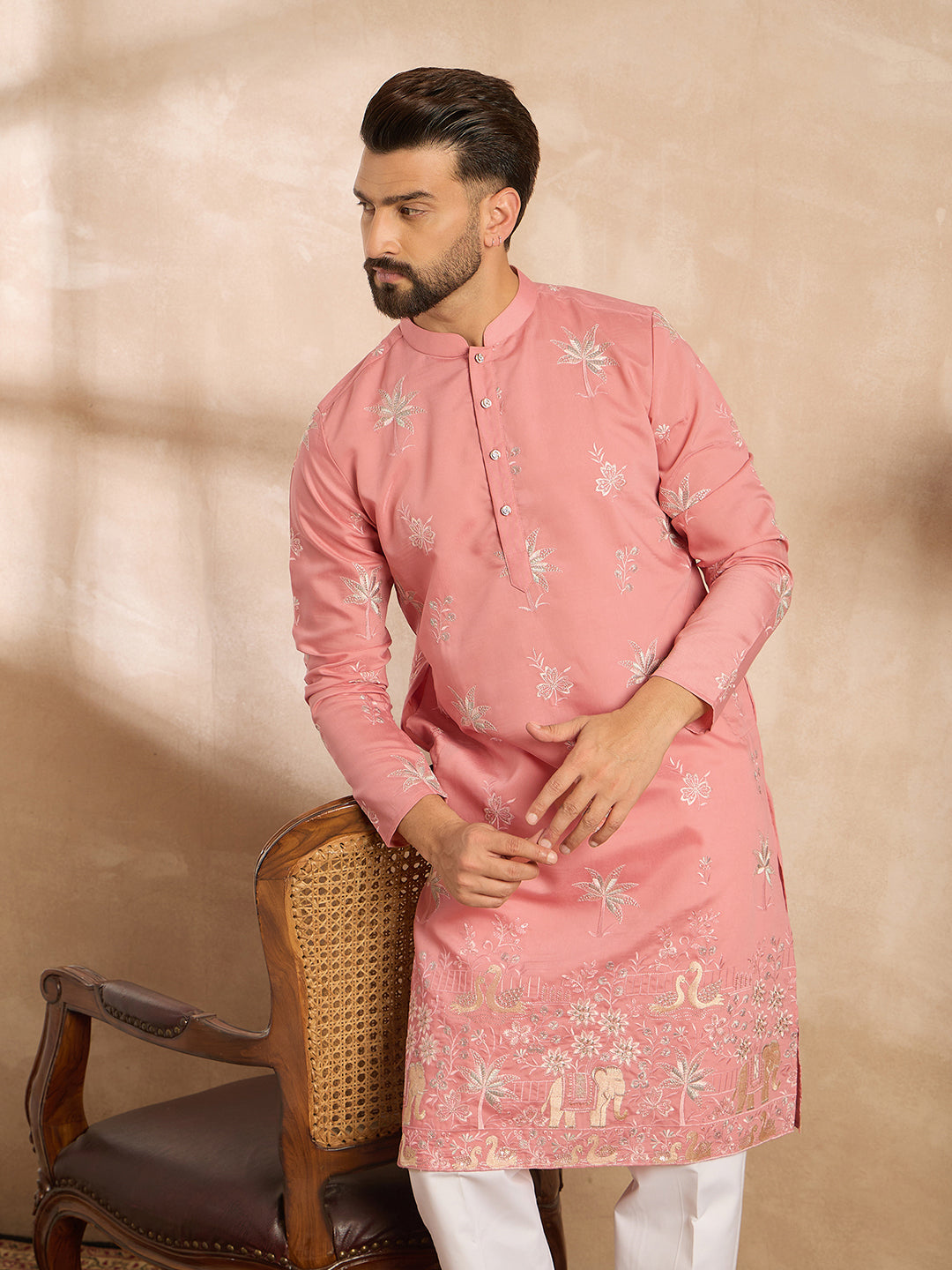 Ethnic Bay Men Pink Cotton Solid Embroidered Straight Kurta Sets