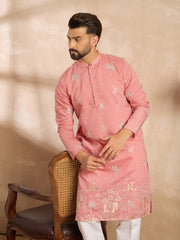 Ethnic Bay Men Pink Cotton Solid Embroidered Straight Kurta Sets-MKSET1677