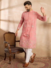 Ethnic Bay Men Pink Cotton Solid Embroidered Straight Kurta Sets-MKSET1677