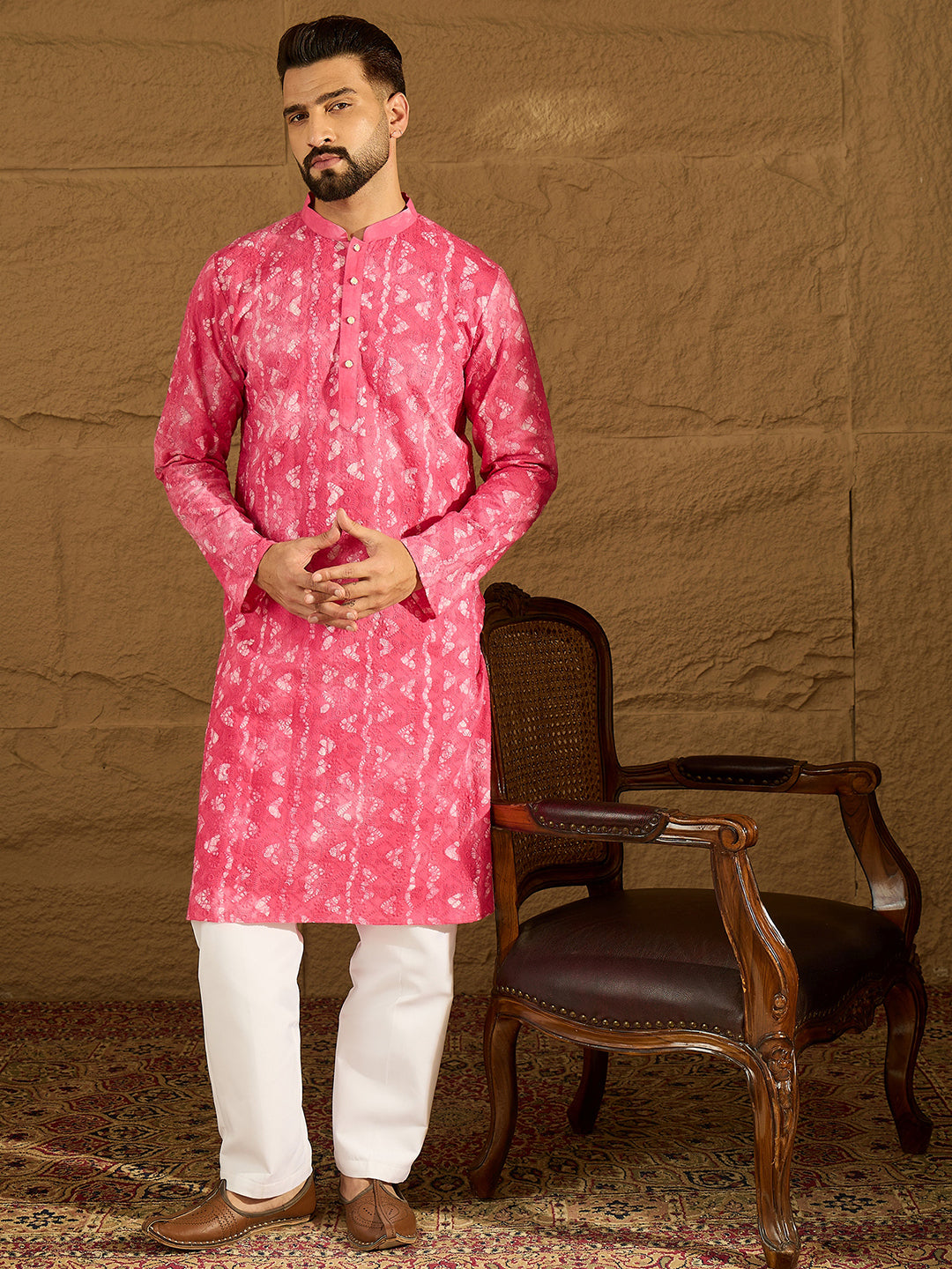 Ethnic Bay Men Pink Cotton Batik Embroidered Straight Kurta with Trouser-MKSET1678