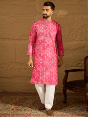 Ethnic Bay Men Pink Cotton Batik Embroidered Straight Kurta with Trouser-MKSET1678