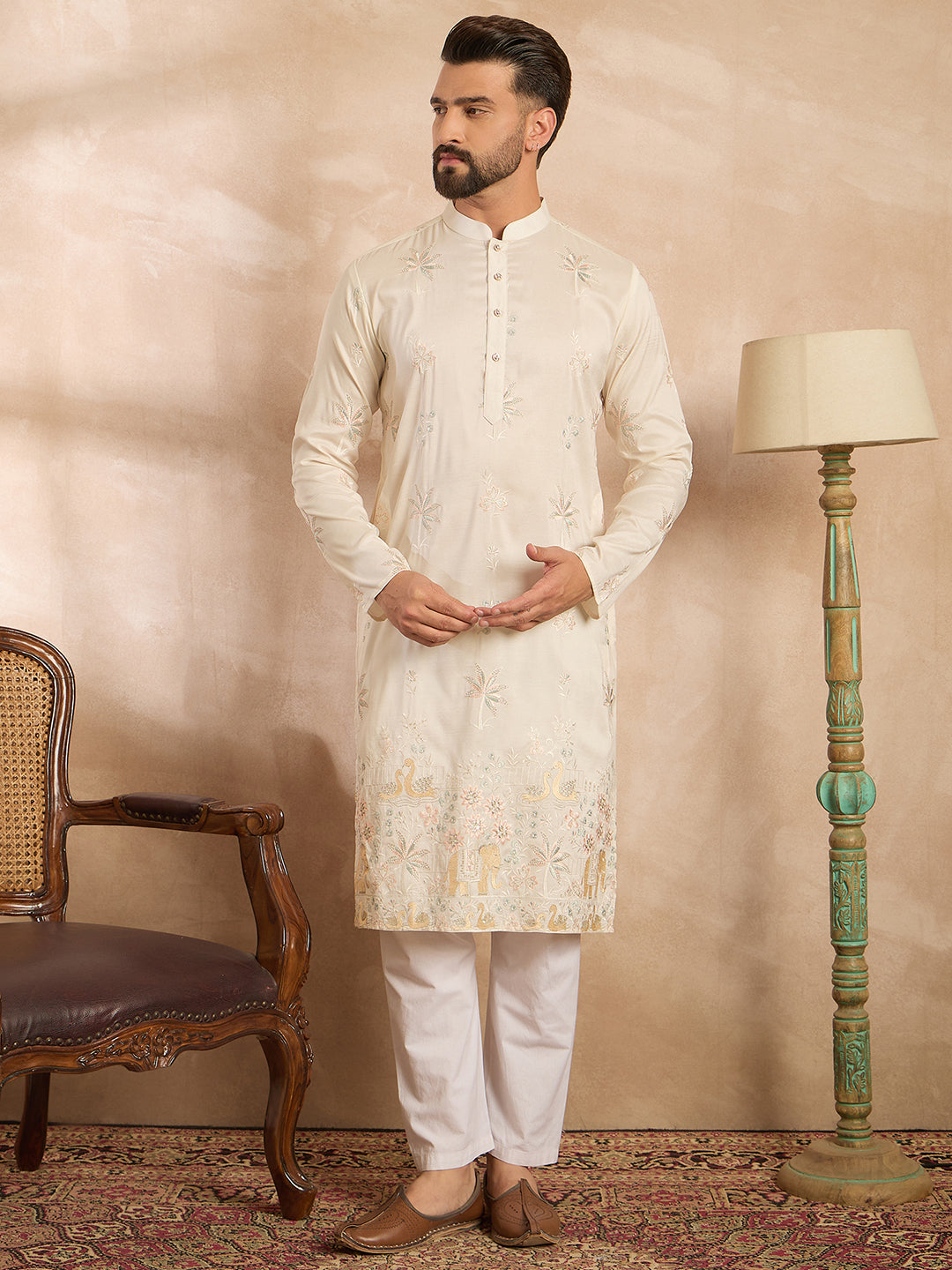 Ethnic Bay Men White Silk Blend Solid Embroidered Straight Kurta Sets