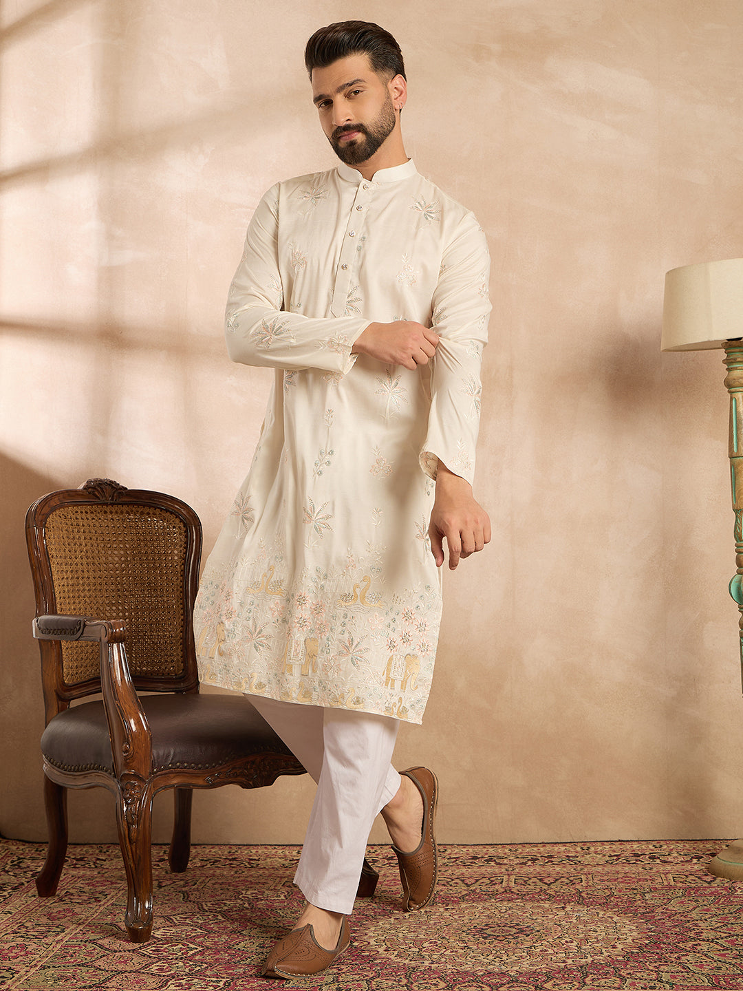 Ethnic Bay Men White Silk Blend Solid Embroidered Straight Kurta Sets