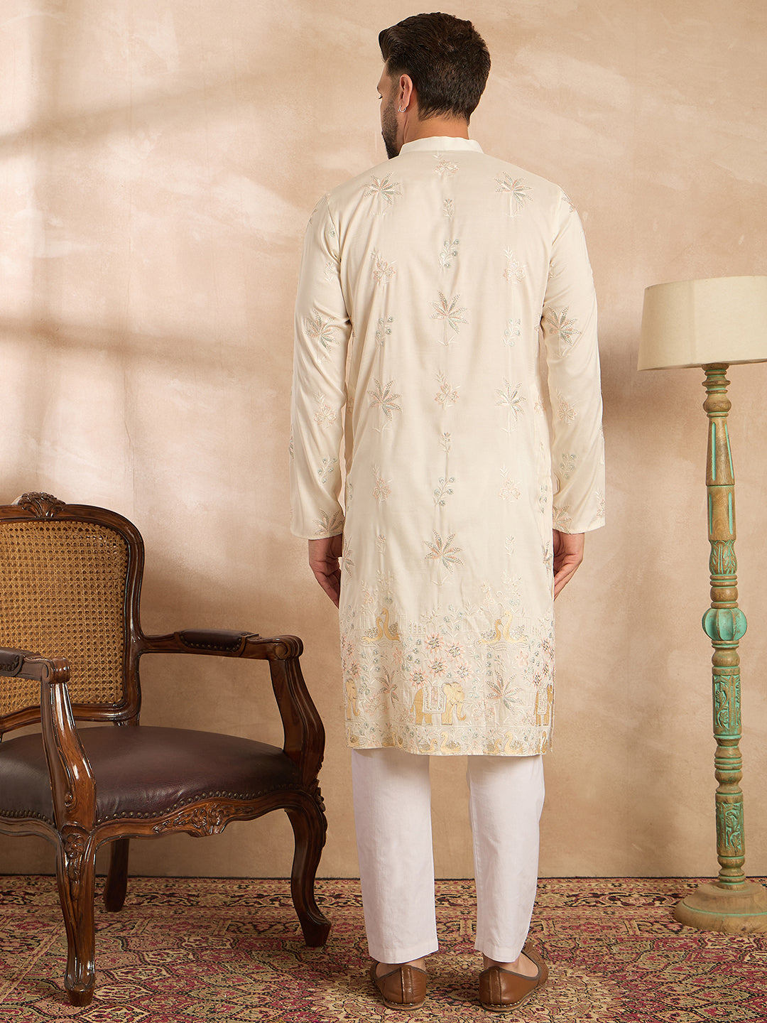 Ethnic Bay Men White Silk Blend Solid Embroidered Straight Kurta Sets