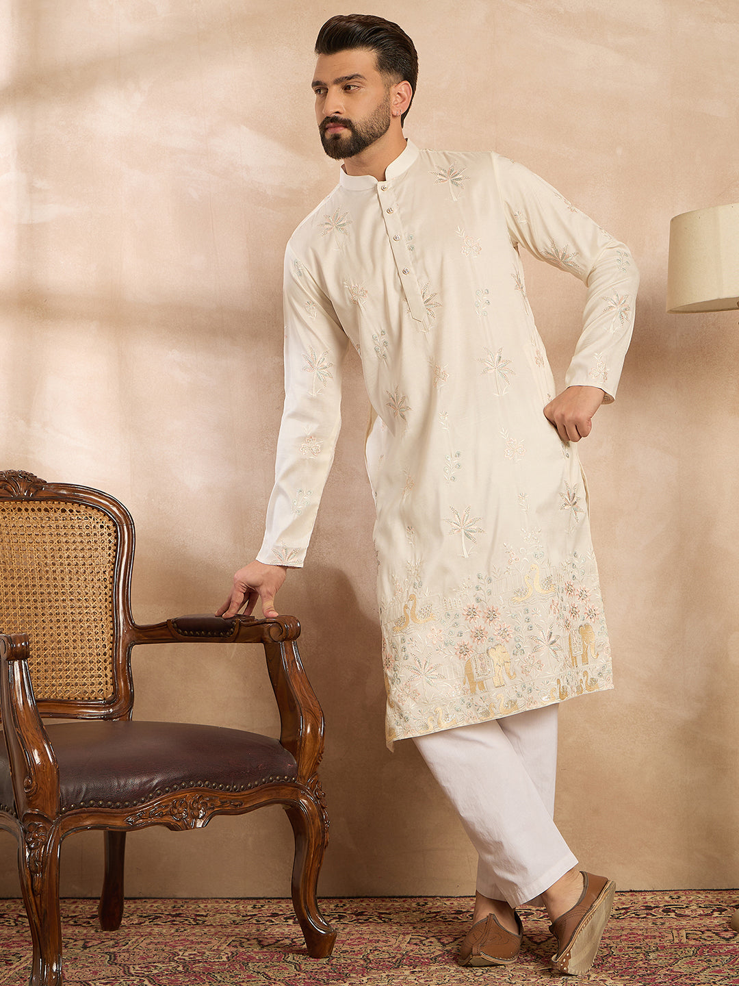 Ethnic Bay Men White Silk Blend Solid Embroidered Straight Kurta Sets