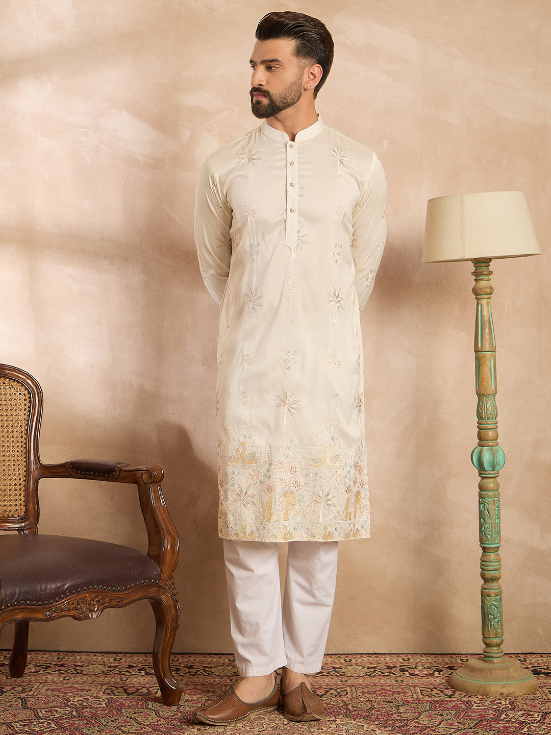 Ethnic Bay Men White Silk Blend Solid Embroidered Straight Kurta Sets
