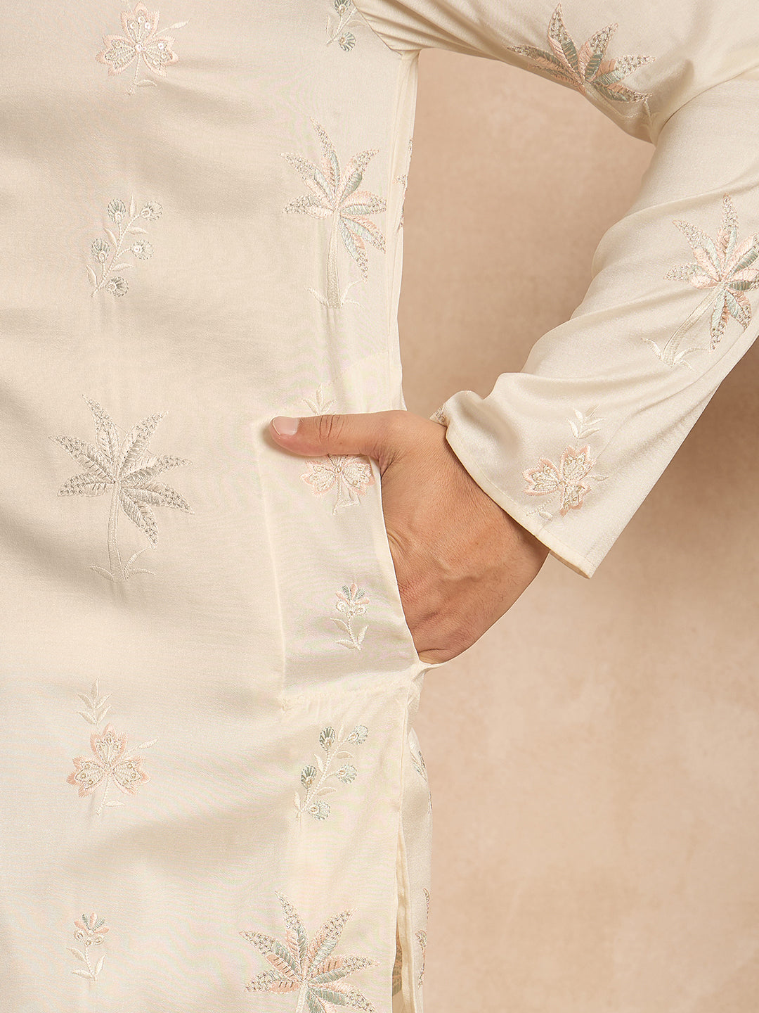 Ethnic Bay Men White Silk Blend Solid Embroidered Straight Kurta Sets