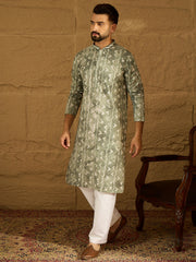 Ethnic Bay Men Sea Green Cotton Batik Embroidered Straight Kurta with Trouser-MKSET1681