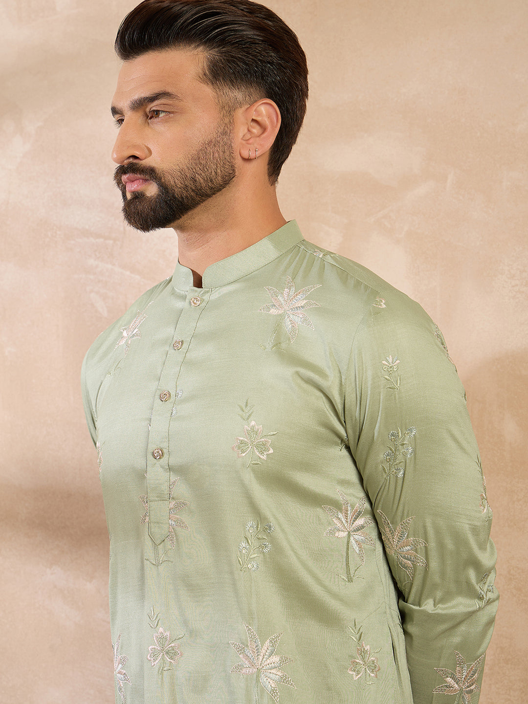 Ethnic Bay Men Olive Silk Blend Solid Embroidered Straight Kurta Sets-MKSET1682