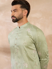 Ethnic Bay Men Olive Silk Blend Solid Embroidered Straight Kurta Sets-MKSET1682