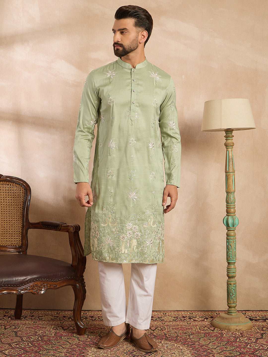 Ethnic Bay Men Olive Silk Blend Solid Embroidered Straight Kurta Sets