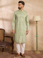 Ethnic Bay Men Olive Silk Blend Solid Embroidered Straight Kurta Sets-MKSET1682