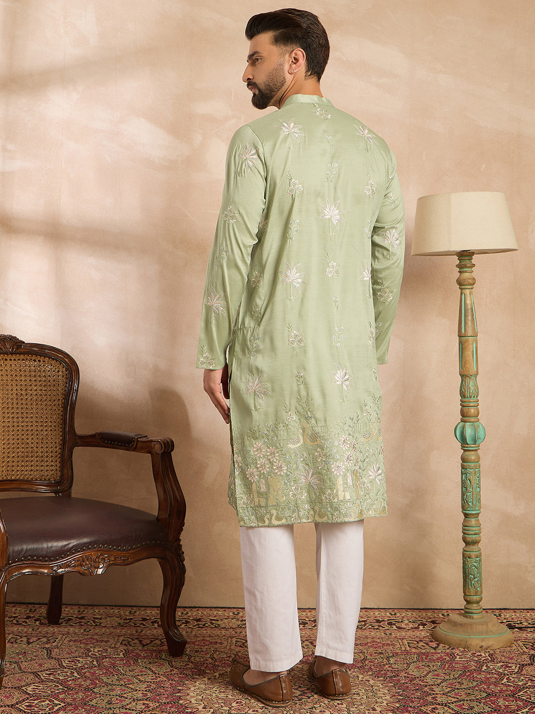 Ethnic Bay Men Olive Silk Blend Solid Embroidered Straight Kurta Sets
