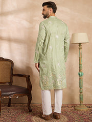 Ethnic Bay Men Olive Silk Blend Solid Embroidered Straight Kurta Sets-MKSET1682