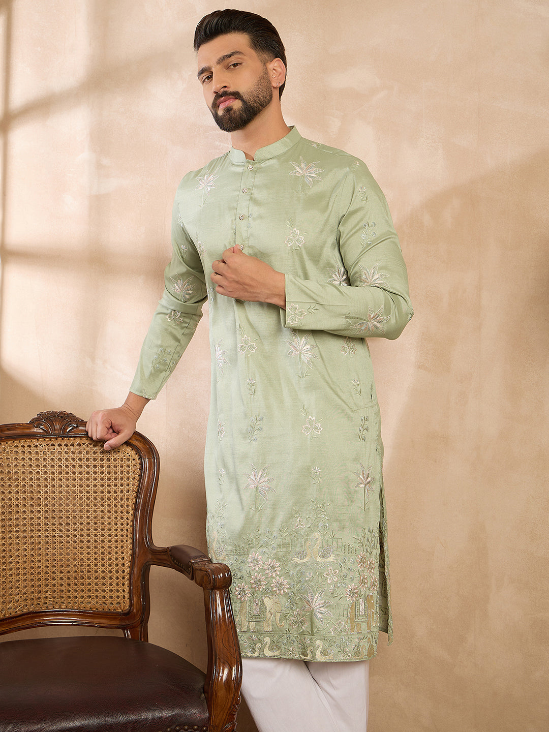 Ethnic Bay Men Olive Silk Blend Solid Embroidered Straight Kurta Sets