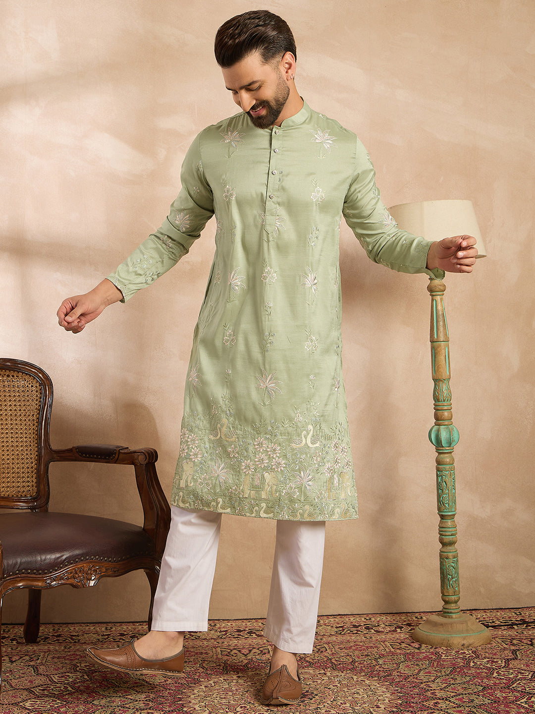 Ethnic Bay Men Olive Silk Blend Solid Embroidered Straight Kurta Sets