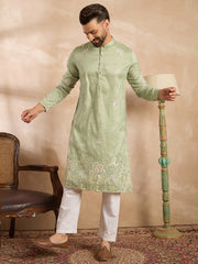 Ethnic Bay Men Olive Silk Blend Solid Embroidered Straight Kurta Sets-MKSET1682