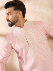 Ethnic Bay Men Pink Silk Geometric Embroidered Straight Kurta Sets-MKSET1683