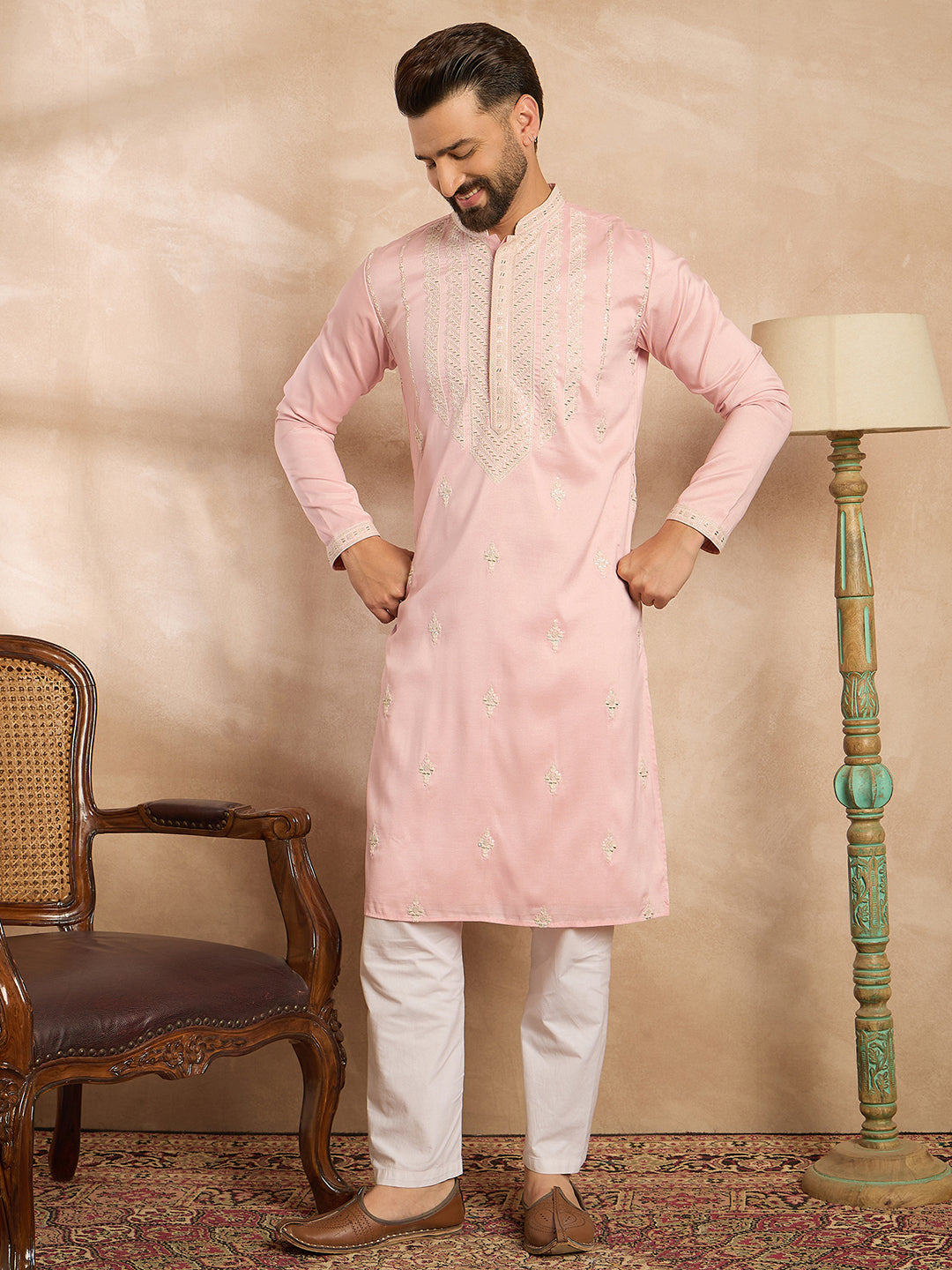 Ethnic Bay Men Pink Silk Geometric Embroidered Straight Kurta Sets