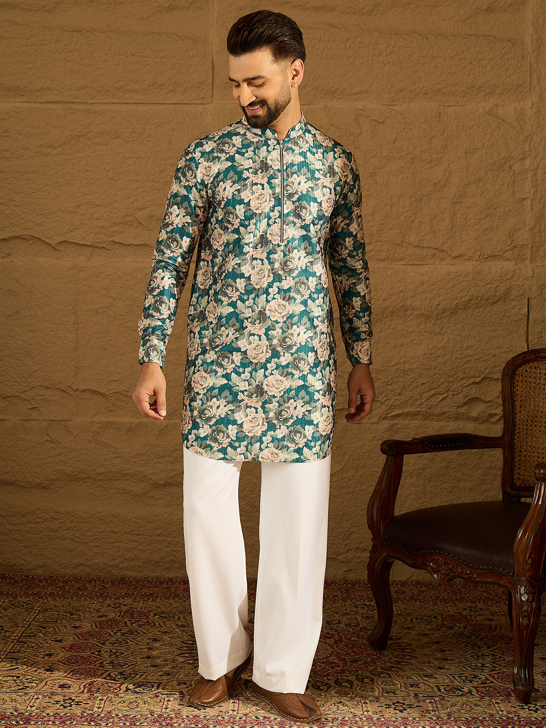 Ethnic Bay Men Blue Silk Blend Floral Printed Straight Kurta with Trouser-MKSET1684