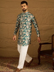 Ethnic Bay Men Blue Silk Blend Floral Printed Straight Kurta with Trouser-MKSET1684