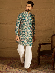 Ethnic Bay Men Blue Silk Blend Floral Printed Straight Kurta with Trouser-MKSET1684
