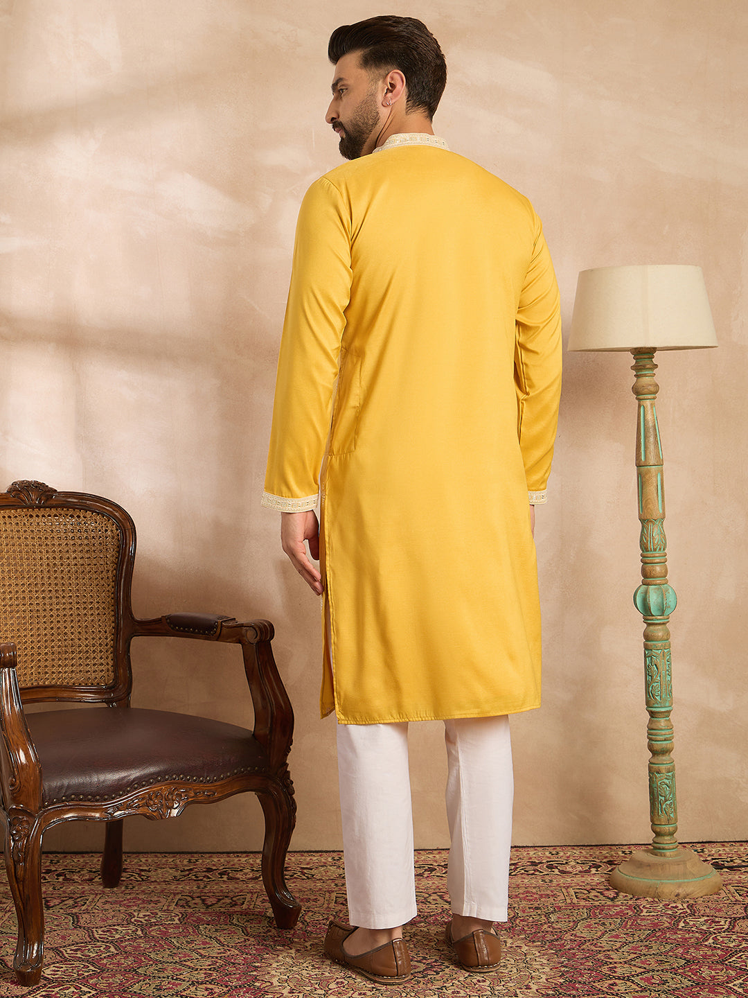Ethnic Bay Men Yellow Silk Blend Geometric Embroidered Straight Kurta Sets