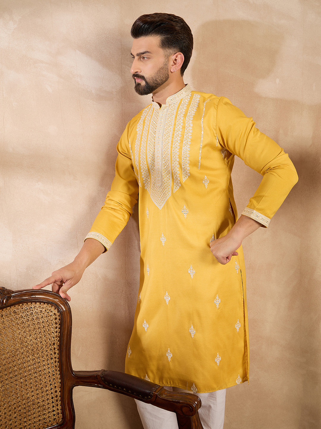 Ethnic Bay Men Yellow Silk Blend Geometric Embroidered Straight Kurta Sets