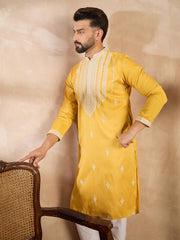 Ethnic Bay Men Yellow Silk Blend Geometric Embroidered Straight Kurta Sets-MKSET1685