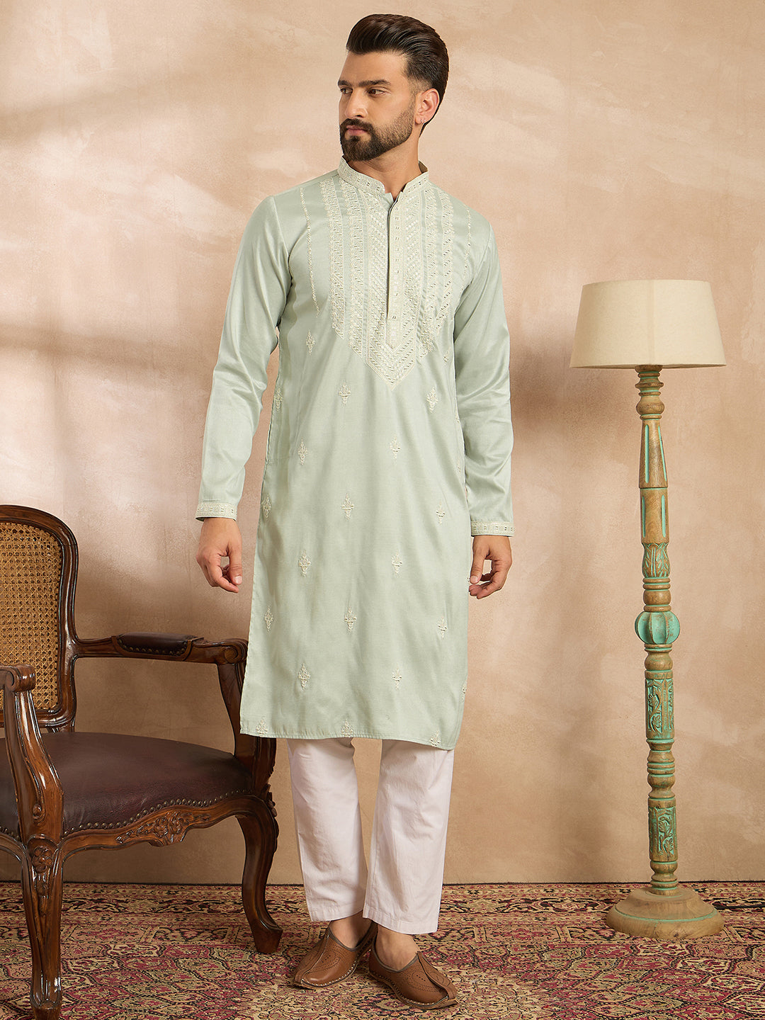 Ethnic Bay Men Green Silk Blend Geometric Embroidered Straight Kurta Sets