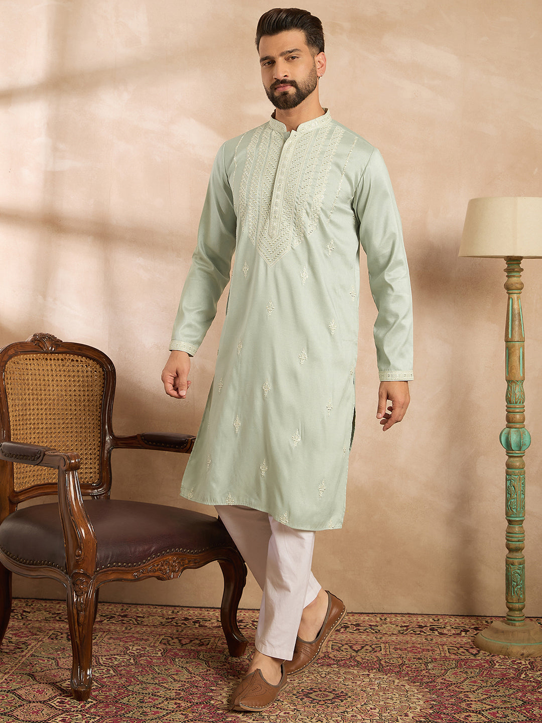 Ethnic Bay Men Green Silk Blend Geometric Embroidered Straight Kurta Sets