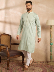 Ethnic Bay Men Green Silk Blend Geometric Embroidered Straight Kurta Sets-MKSET1686