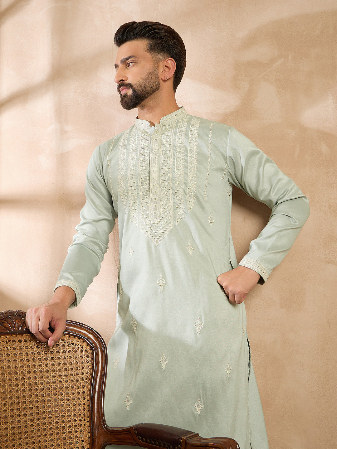 Ethnic Bay Men Green Silk Blend Geometric Embroidered Straight Kurta Sets