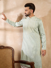 Ethnic Bay Men Green Silk Blend Geometric Embroidered Straight Kurta Sets-MKSET1686